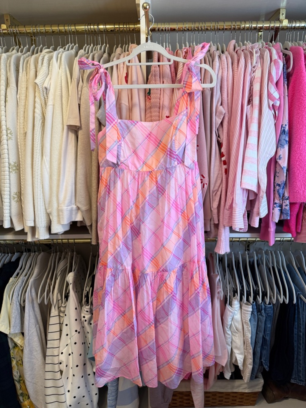 Lilly Pulitzer Pink Madras Plaid Tie-Shoulder Anlee Midi Dress - Picture 2 of 4